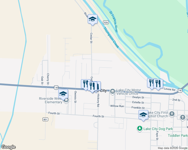 map of restaurants, bars, coffee shops, grocery stores, and more near 114 Cedar Street in Lake City