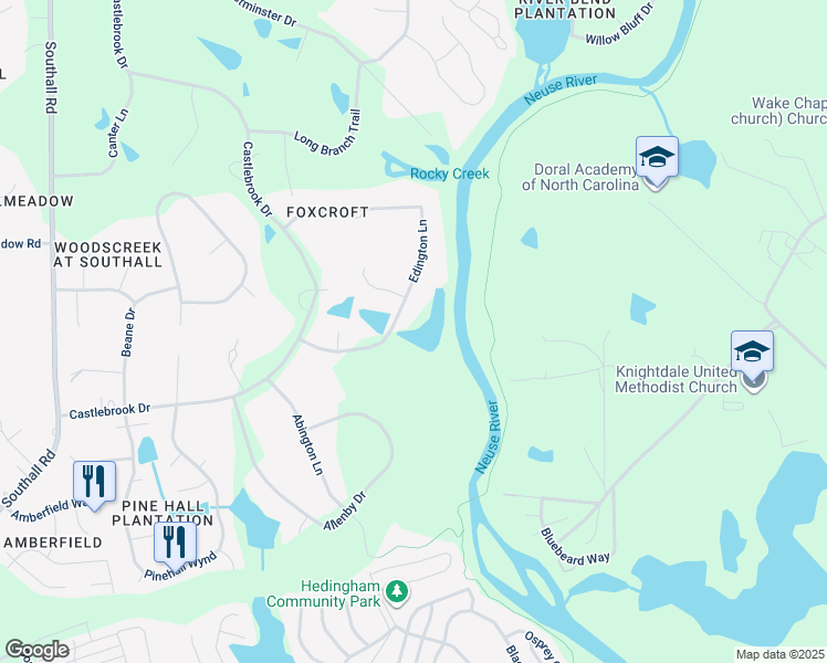 map of restaurants, bars, coffee shops, grocery stores, and more near 5505 Edington Lane in Raleigh