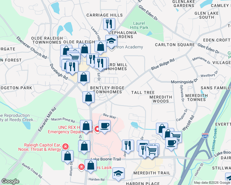 map of restaurants, bars, coffee shops, grocery stores, and more near 3905 Bentley Bridge Road in Raleigh