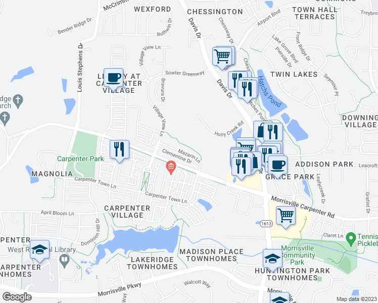 map of restaurants, bars, coffee shops, grocery stores, and more near 209 Mazarin Lane in Cary