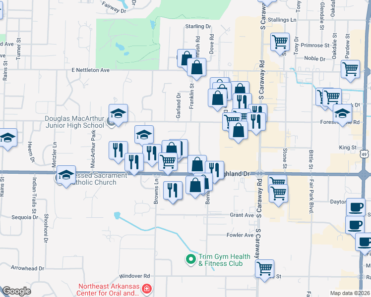 map of restaurants, bars, coffee shops, grocery stores, and more near 1814 Ivy Point Cove in Jonesboro