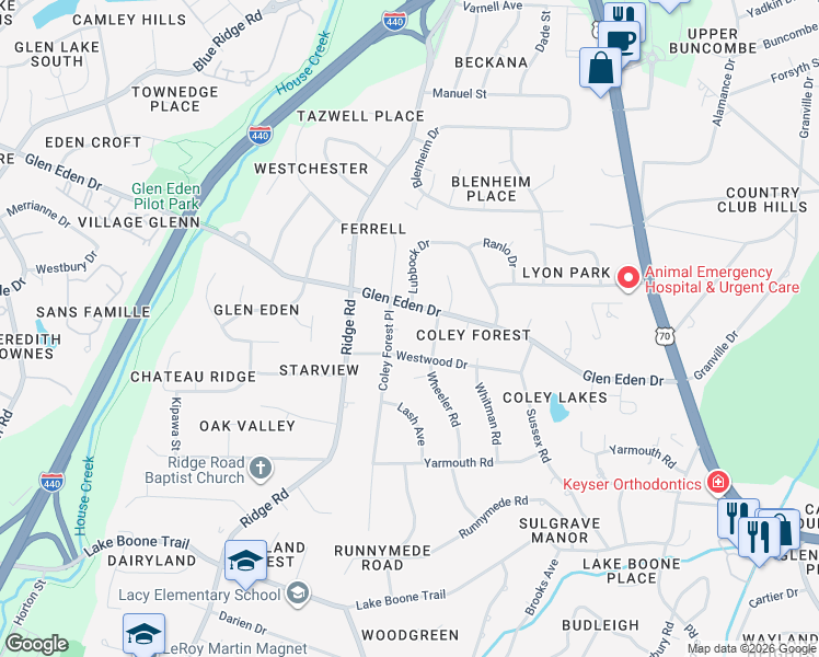 map of restaurants, bars, coffee shops, grocery stores, and more near 2308 Coley Forest Place in Raleigh