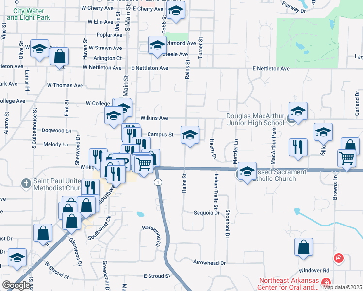 map of restaurants, bars, coffee shops, grocery stores, and more near 1807 Rains Street in Jonesboro