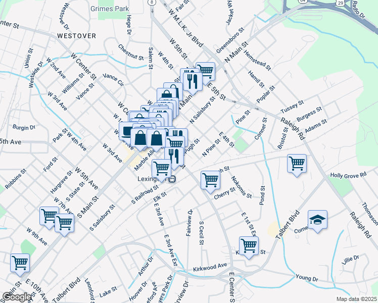map of restaurants, bars, coffee shops, grocery stores, and more near 105 North Pugh Street in Lexington