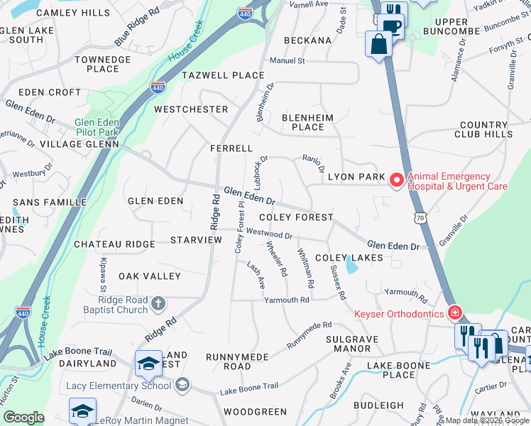 map of restaurants, bars, coffee shops, grocery stores, and more near 2308 Coley Forest Place in Raleigh