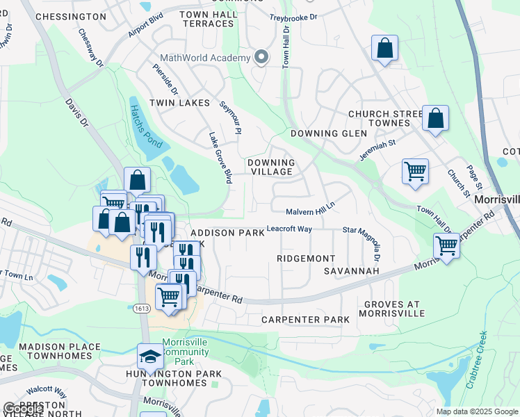 map of restaurants, bars, coffee shops, grocery stores, and more near 251 Hampshire Downs Drive in Morrisville