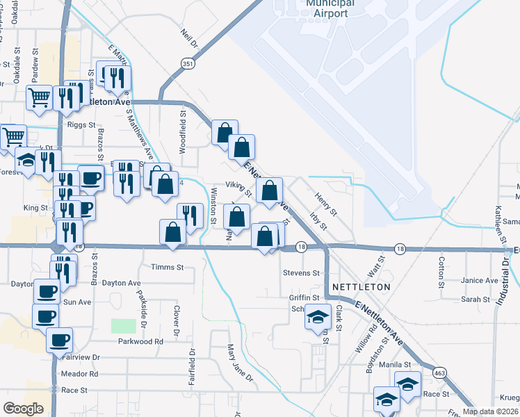 map of restaurants, bars, coffee shops, grocery stores, and more near 1805 Fairlane Avenue in Jonesboro