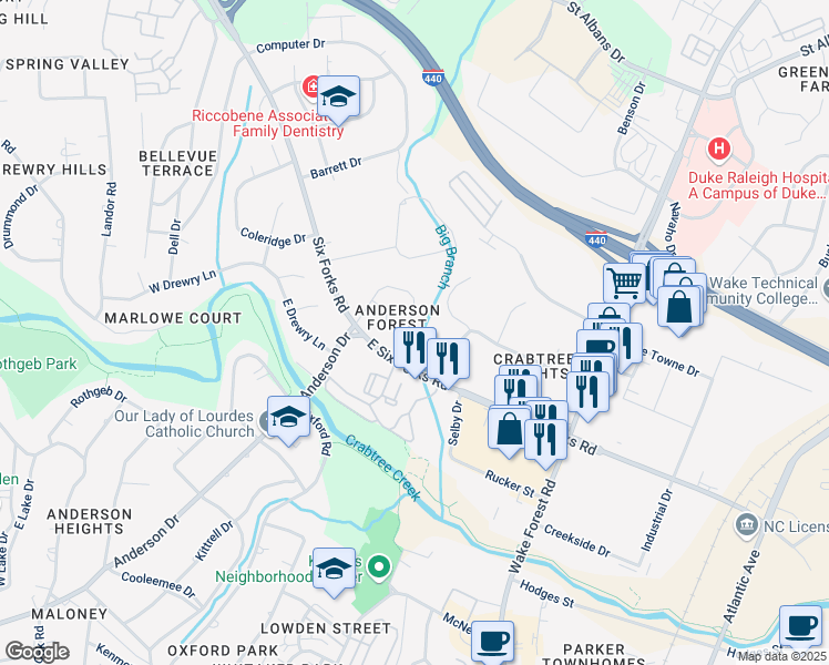 map of restaurants, bars, coffee shops, grocery stores, and more near 3253 Anderson Drive in Raleigh