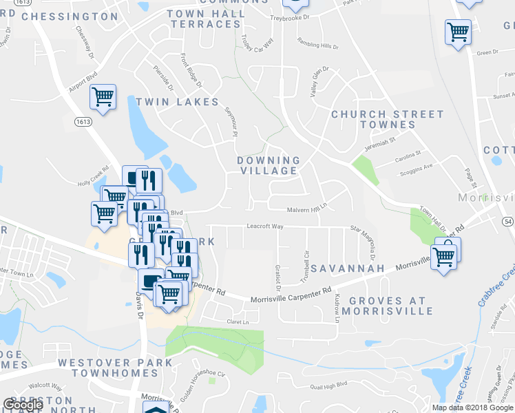 map of restaurants, bars, coffee shops, grocery stores, and more near 251 Hampshire Downs Drive in Morrisville