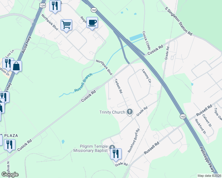 map of restaurants, bars, coffee shops, grocery stores, and more near 3620 Cardin Lane in Maryville