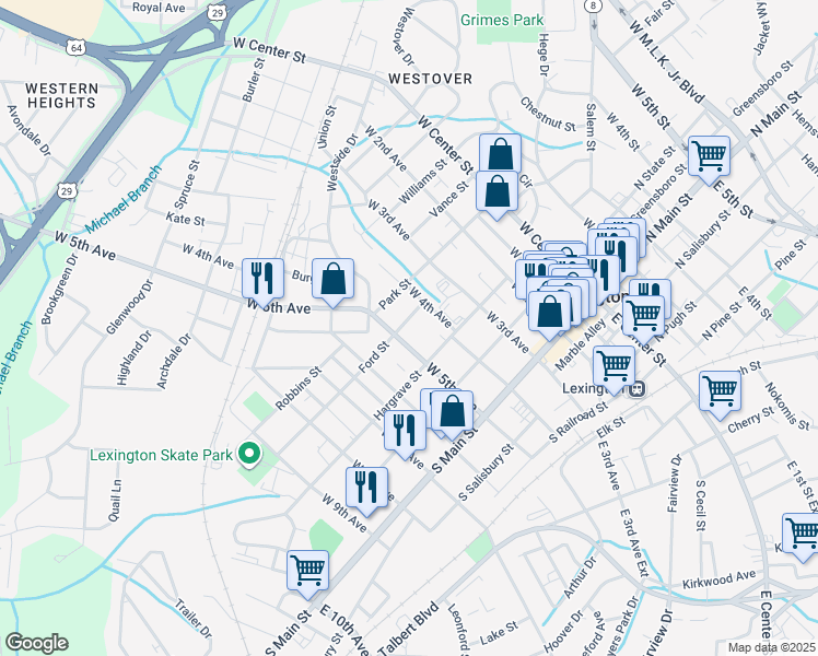 map of restaurants, bars, coffee shops, grocery stores, and more near 419 Ford Street in Lexington