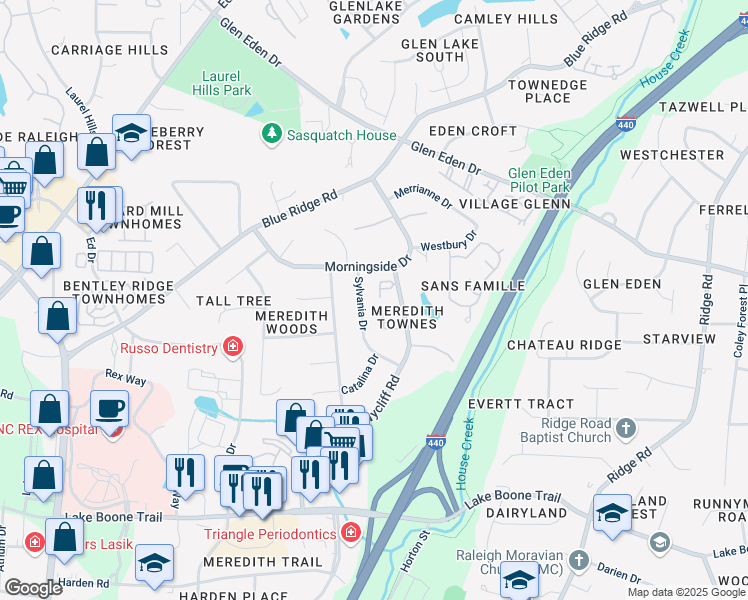 map of restaurants, bars, coffee shops, grocery stores, and more near 3019 Wycliff Road in Raleigh