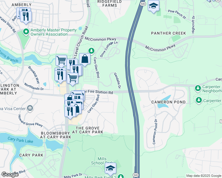 map of restaurants, bars, coffee shops, grocery stores, and more near 104 Branning Court in Cary