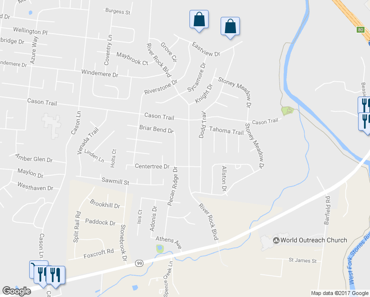 map of restaurants, bars, coffee shops, grocery stores, and more near 1426 River Rock Boulevard in Murfreesboro