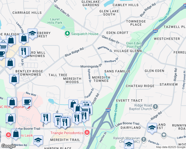 map of restaurants, bars, coffee shops, grocery stores, and more near 3019 Wycliff Road in Raleigh