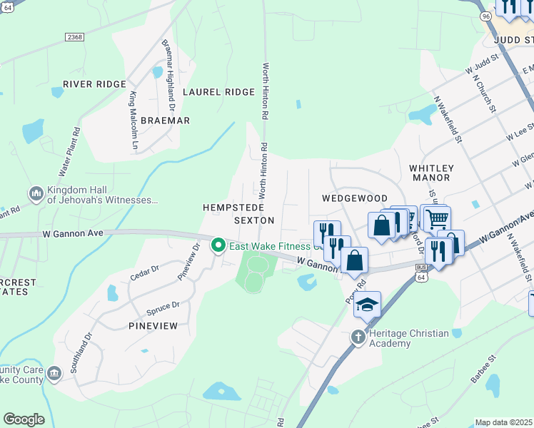 map of restaurants, bars, coffee shops, grocery stores, and more near 502 Worth Hinton Road in Zebulon