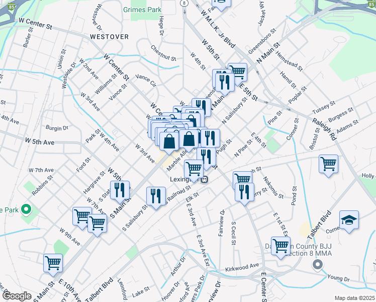 map of restaurants, bars, coffee shops, grocery stores, and more near 30 East 1st Avenue in Lexington