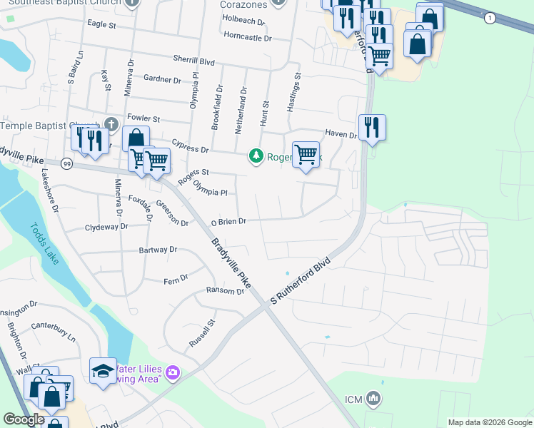 map of restaurants, bars, coffee shops, grocery stores, and more near 2203 O Brien Drive in Murfreesboro