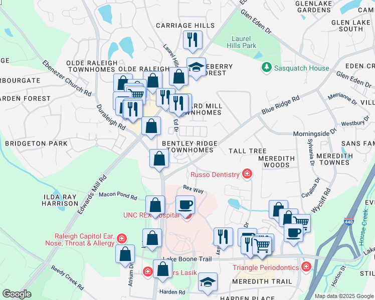 map of restaurants, bars, coffee shops, grocery stores, and more near 3909 Bentley Meadow Lane in Raleigh