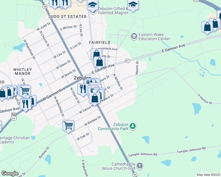 map of restaurants, bars, coffee shops, grocery stores, and more near 202 East Horton Street in Zebulon