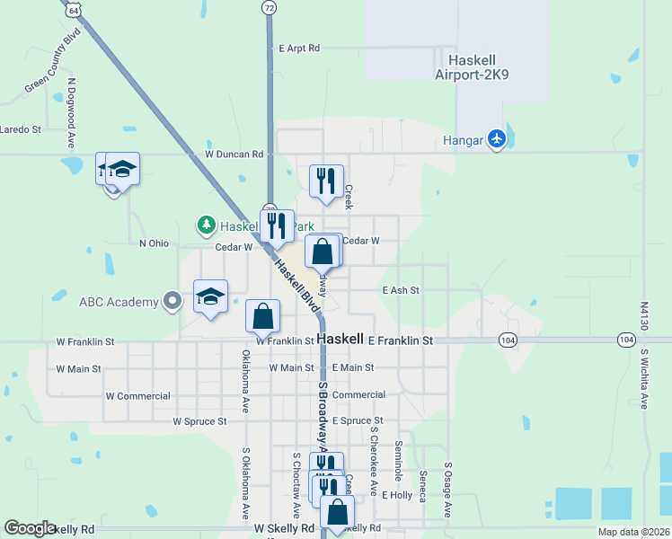 map of restaurants, bars, coffee shops, grocery stores, and more near 112 East Elm Street in Haskell