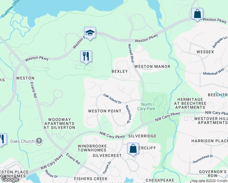 map of restaurants, bars, coffee shops, grocery stores, and more near 209 Tibbetts Rock Drive in Cary