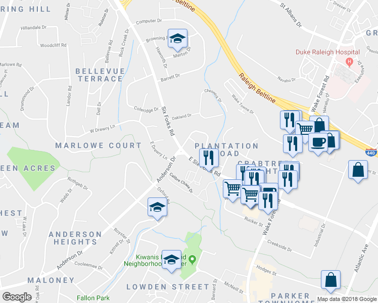 map of restaurants, bars, coffee shops, grocery stores, and more near 312 Shaftsberry Ct in Raleigh