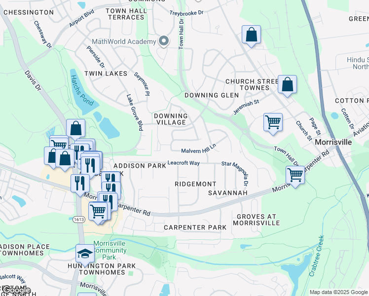 map of restaurants, bars, coffee shops, grocery stores, and more near 314 Malvern Hill Lane in Morrisville
