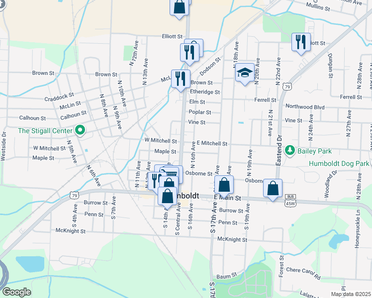 map of restaurants, bars, coffee shops, grocery stores, and more near 510 North Central Avenue in Humboldt
