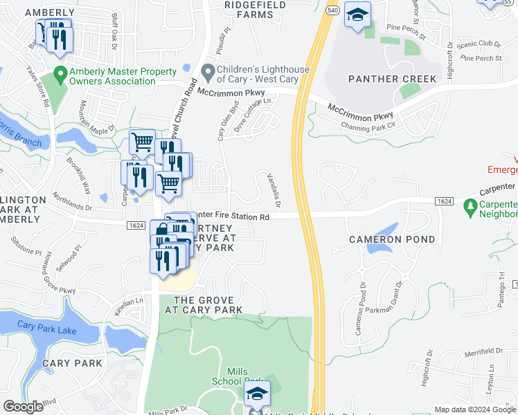 map of restaurants, bars, coffee shops, grocery stores, and more near 104 Branning Court in Cary