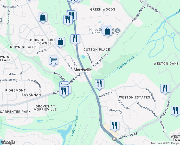 map of restaurants, bars, coffee shops, grocery stores, and more near 10018 Chapel Hill Road in Morrisville