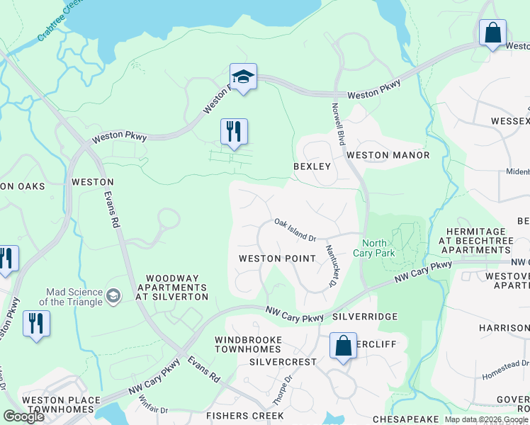 map of restaurants, bars, coffee shops, grocery stores, and more near 103 Sevenstone Drive in Cary