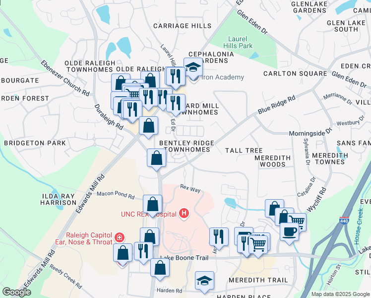 map of restaurants, bars, coffee shops, grocery stores, and more near 3909 Bentley Meadow Lane in Raleigh