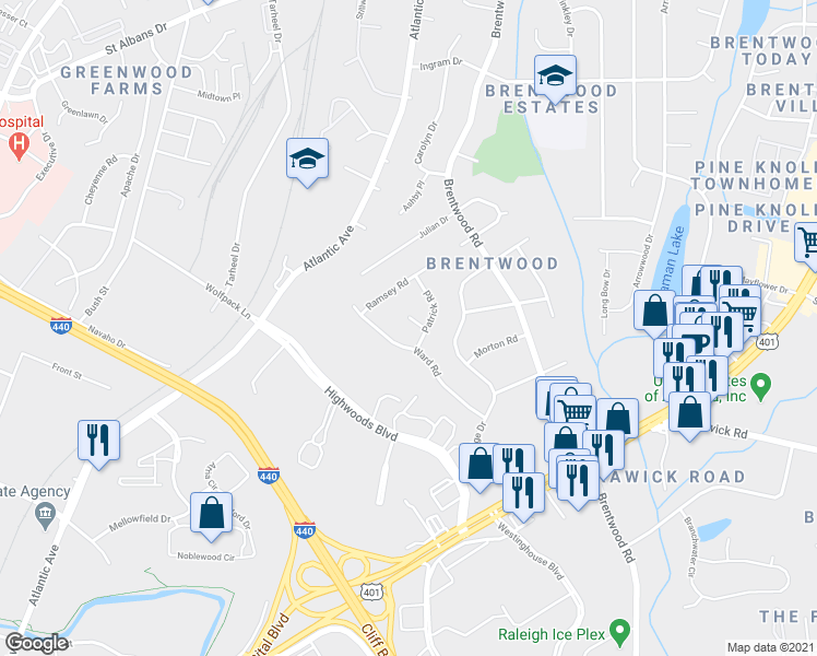 map of restaurants, bars, coffee shops, grocery stores, and more near 3208 Fairforest Place in Raleigh