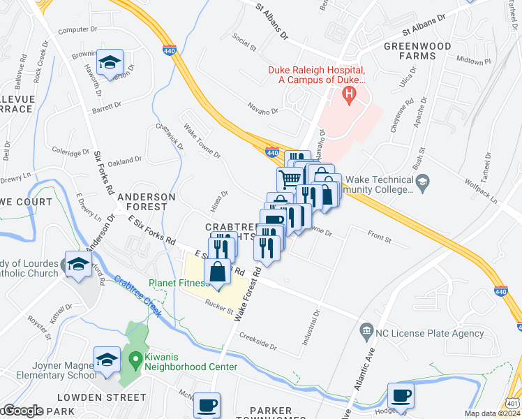 map of restaurants, bars, coffee shops, grocery stores, and more near 1040 Wake Towne Drive in Raleigh