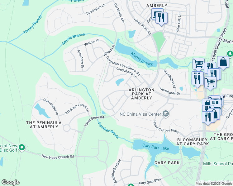 map of restaurants, bars, coffee shops, grocery stores, and more near 2027 Remington Oaks Circle in Cary