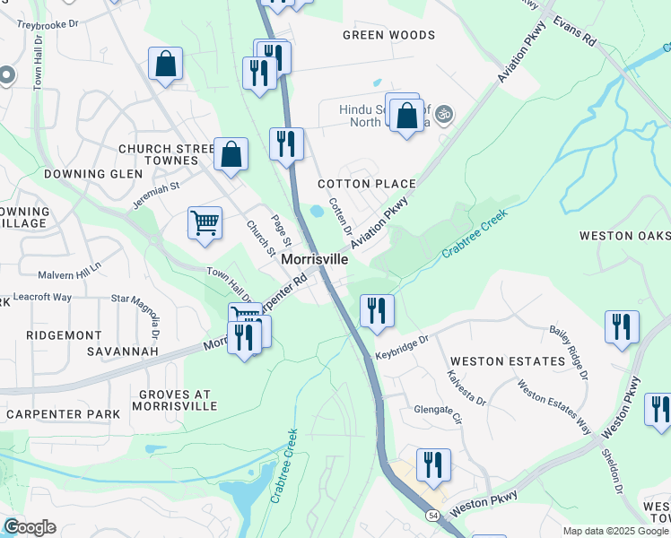 map of restaurants, bars, coffee shops, grocery stores, and more near 10018 Chapel Hill Road in Morrisville