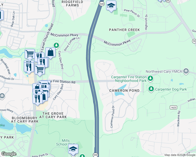 map of restaurants, bars, coffee shops, grocery stores, and more near 116 Bancroft Brook Drive in Cary