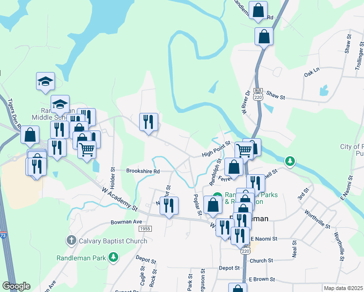 map of restaurants, bars, coffee shops, grocery stores, and more near 406 High Point Street in Randleman