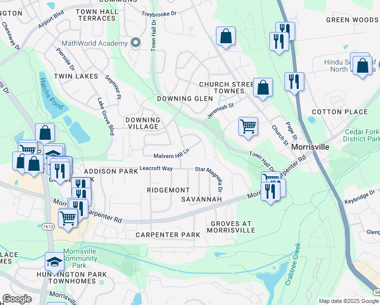 map of restaurants, bars, coffee shops, grocery stores, and more near 117 Malvern Hill Lane in Morrisville