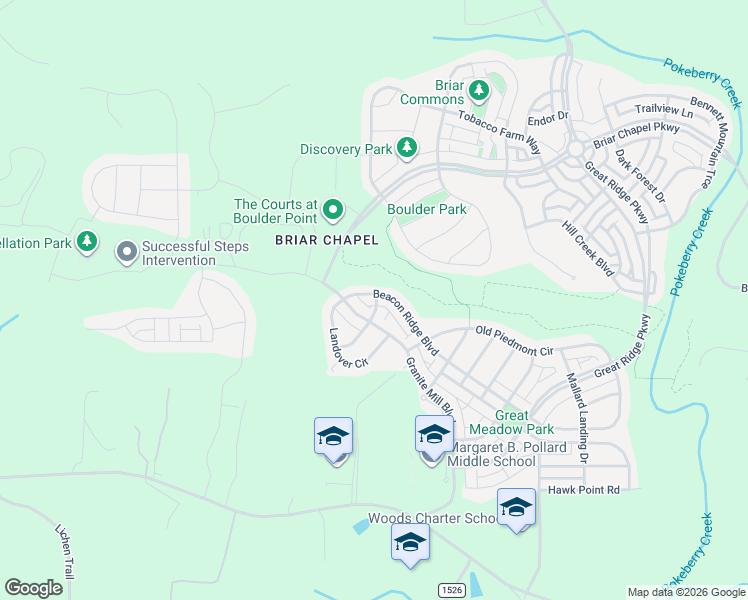 map of restaurants, bars, coffee shops, grocery stores, and more near 509 Beacon Ridge Boulevard in Pittsboro