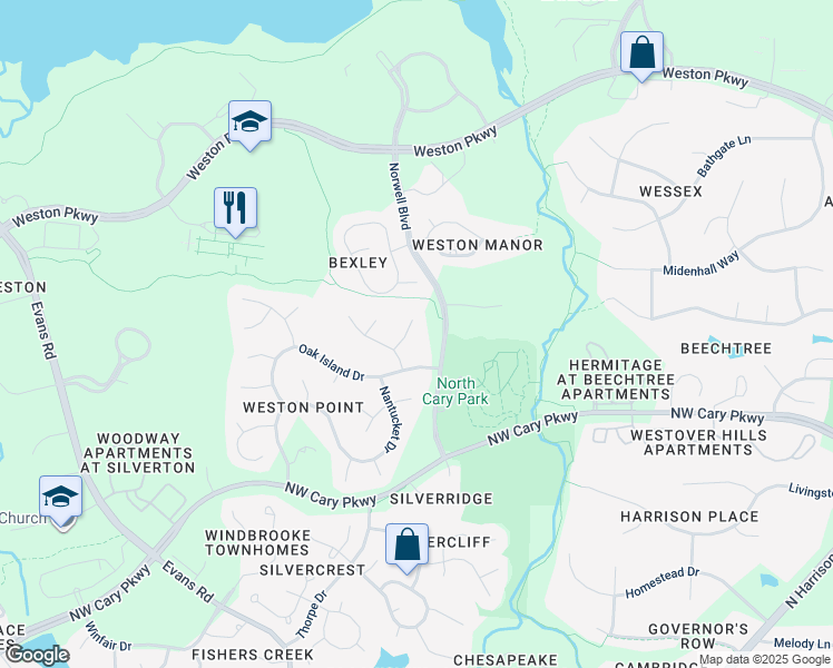 map of restaurants, bars, coffee shops, grocery stores, and more near 104 Bardsey Court in Cary