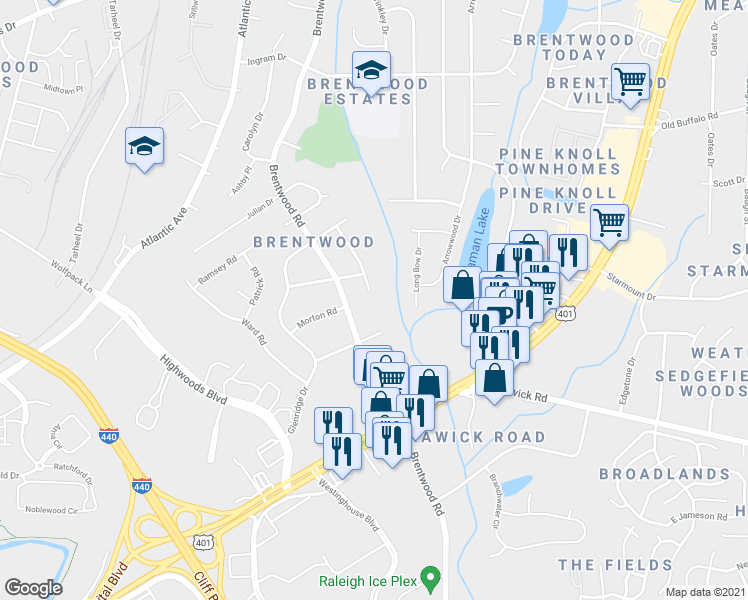 map of restaurants, bars, coffee shops, grocery stores, and more near 3100 Crandon Lane in Raleigh