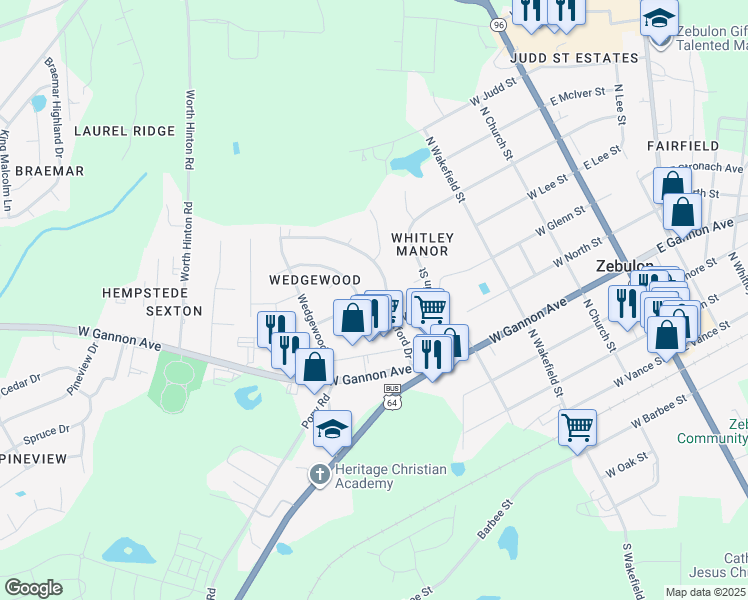 map of restaurants, bars, coffee shops, grocery stores, and more near 502 West Cambridge Drive in Zebulon