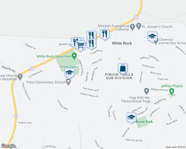 map of restaurants, bars, coffee shops, grocery stores, and more near 117 Bandelier Avenue in White Rock