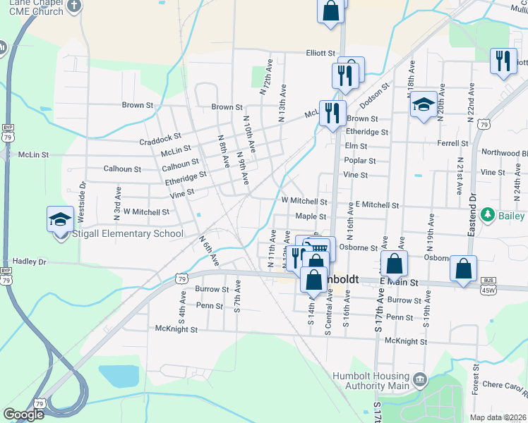 map of restaurants, bars, coffee shops, grocery stores, and more near 109 North 13th Avenue in Humboldt