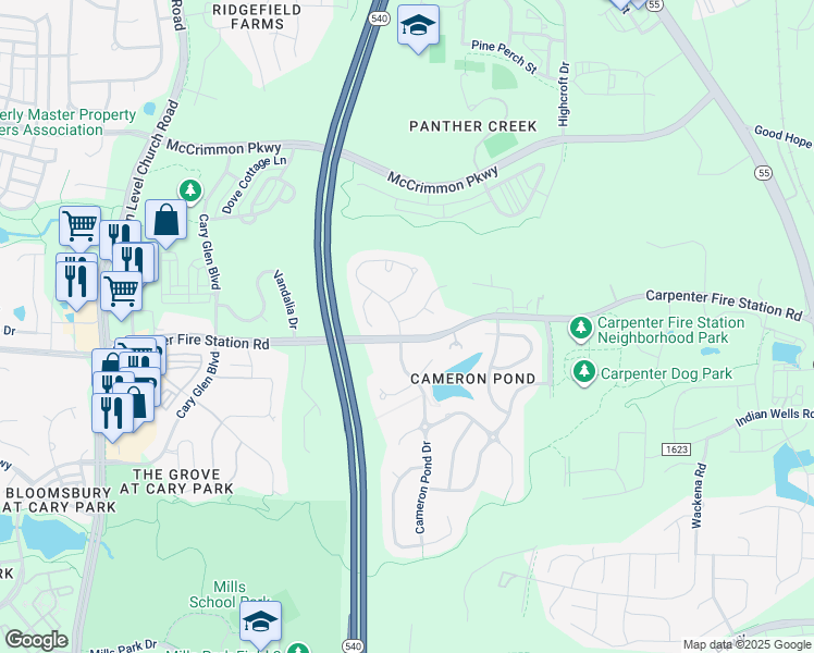 map of restaurants, bars, coffee shops, grocery stores, and more near 300 Russo Valley Drive in Cary