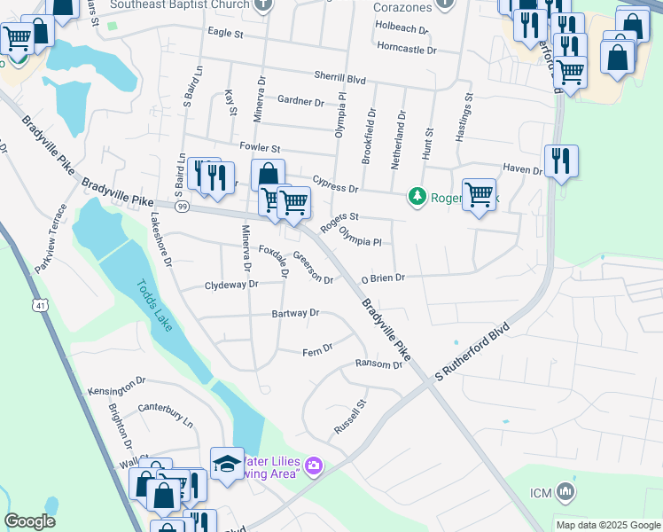 map of restaurants, bars, coffee shops, grocery stores, and more near 1926 Bradyville Pike in Murfreesboro