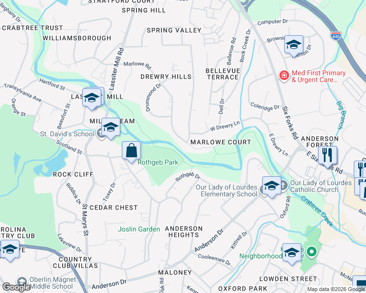 map of restaurants, bars, coffee shops, grocery stores, and more near 323 Marlowe Road in Raleigh