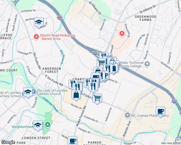 map of restaurants, bars, coffee shops, grocery stores, and more near 1040 Wake Towne Drive in Raleigh
